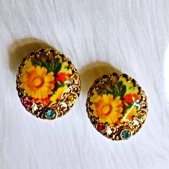 West Germany Jewelry - Vintage Sunflower West Germany Clip On Earrings